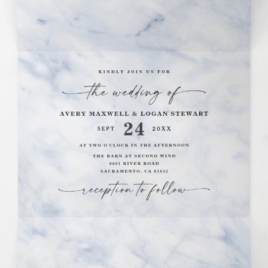 Elegant Blue & Silver Metallic Marble Wedding Drieluik Uitnodiging (Binnenkant midden)