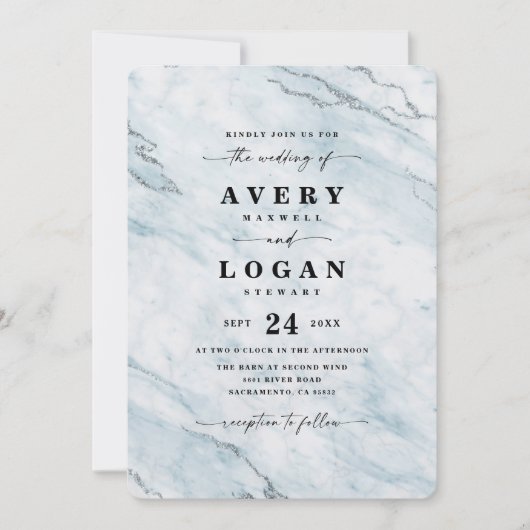 Elegant Blue & Silver Metallic Marble Wedding Kaart (Voorkant)