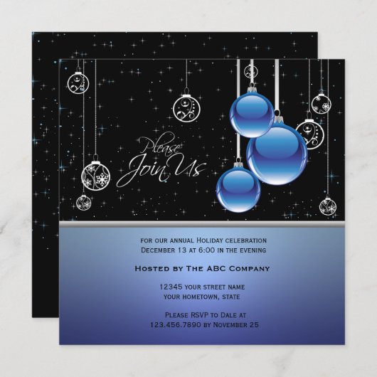 Elegant Blue Silver Ornaments on Black Invite Kaart (Voorkant / Achterkant)