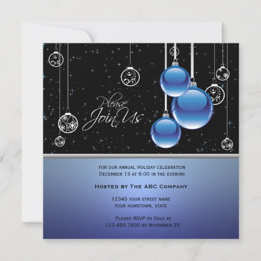 Elegant Blue Silver Ornaments on Black Invite Kaart (Voorkant)