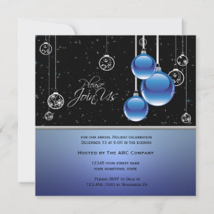 Elegant Blue Silver Ornaments on Black Invite Kaart