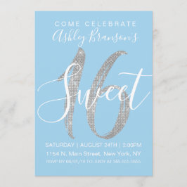Elegant Blue Silver Sequin Glitter Sweet 16 Kaart