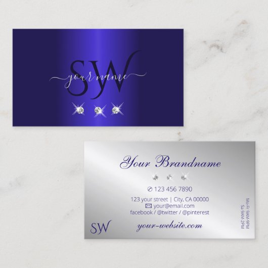 Elegant Blue Silver Sparging Diamonds Initialen Visitekaartje (Voorkant / Achterkant)