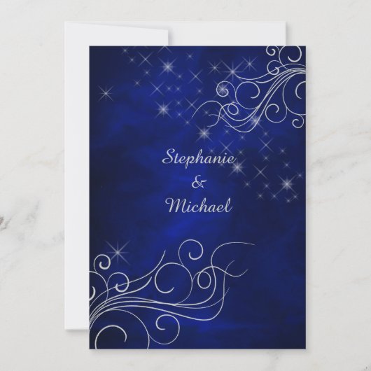 Elegant Blue Silver Star Swirl Wedding Kaart (Voorkant)