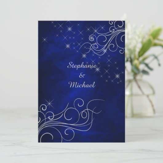 Elegant Blue Silver Star Swirl Wedding Kaart (Staand voorkant)