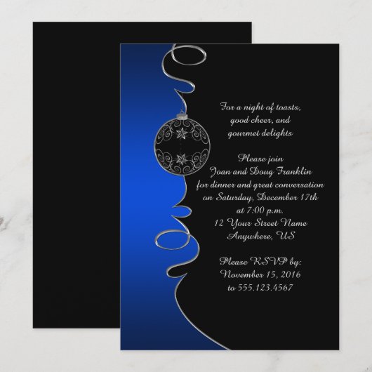 Elegant Blue Silver Swirls Black Kerstparty Kaart (Voorkant / Achterkant)