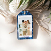 Elegant Blue Snowflake Foto Vakantie Gift Label Cadeaulabel