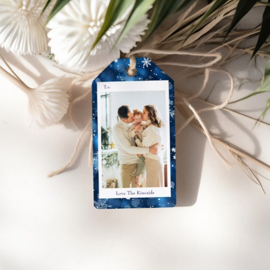 Elegant Blue Snowflake Foto Vakantie Gift Label Cadeaulabel