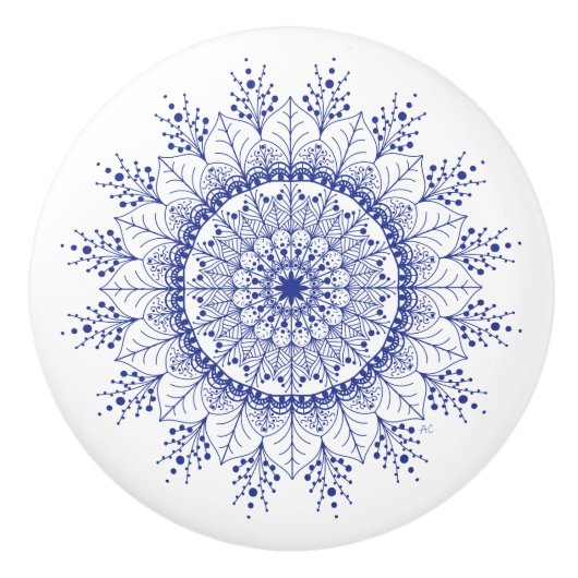 Elegant Blue Snowflake Mandala Ceramic Knob. Keramische Knop (Voorkant)