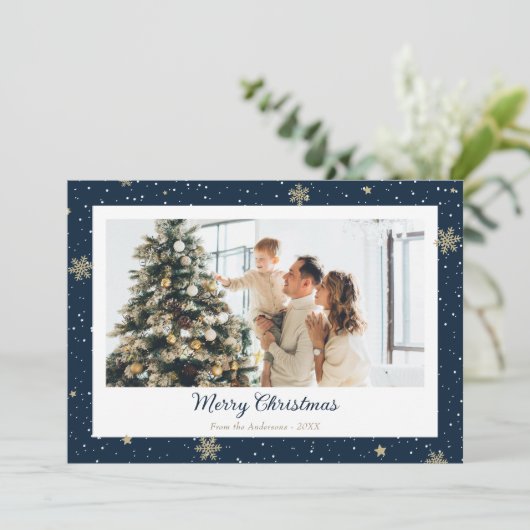 Elegant Blue Snowflake Photo Merry kerstKaarten Feestdagenkaart (Staand voorkant)