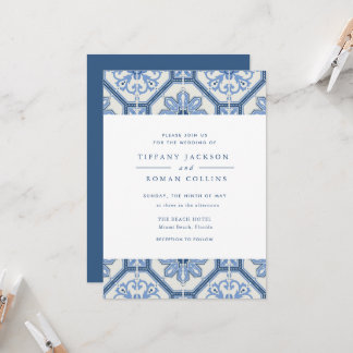 Elegant Blue Spain Tegel Wedding Invitation Kaart