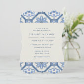 Elegant Blue Spain Tegel Wedding Invitation Kaart (Staand voorkant)