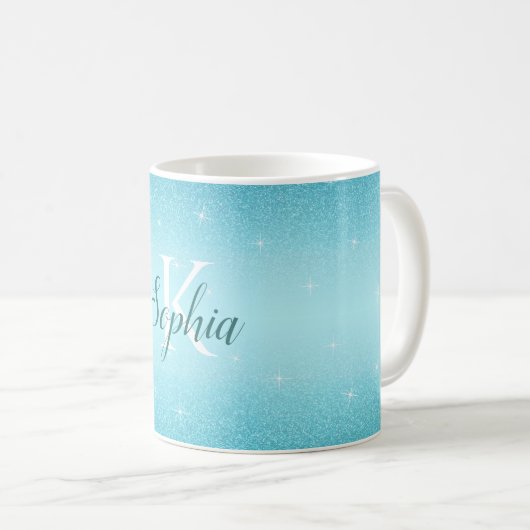 Elegant Blue Sparkle Glitter Monogram Naam Koffiemok (Voorkant rechts)