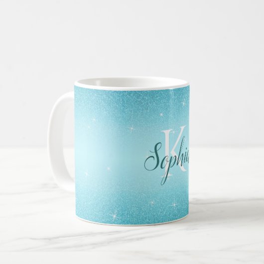 Elegant Blue Sparkle Glitter Monogram Naam Koffiemok (Voorkant links)