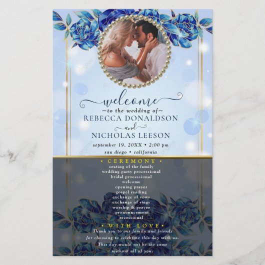 Elegant Blue Sparky Floral Photo Wedding Programme (Voorkant)