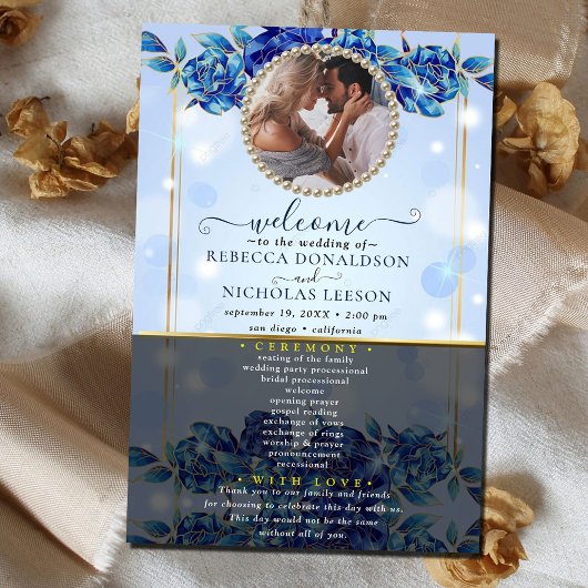 Elegant Blue Sparky Floral Photo Wedding Programme