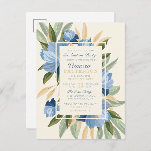 Elegant Blue Spring Daisies Botanisch Afstuderen Uitnodiging Briefkaart (Voorkant / Achterkant)