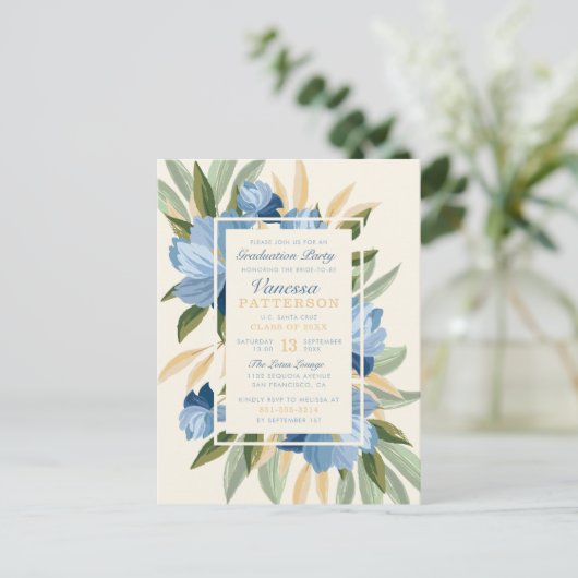 Elegant Blue Spring Daisies Botanisch Afstuderen Uitnodiging Briefkaart (Staand voorkant)