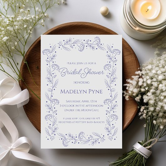 Elegant Blue Spring Floral Vines Bridal Shower Kaart