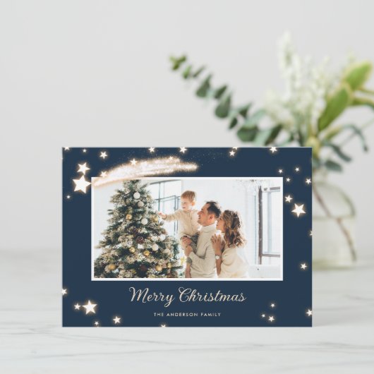 Elegant Blue Stars Foto Merry Kerstkaarten Feestdagenkaart (Staand voorkant)