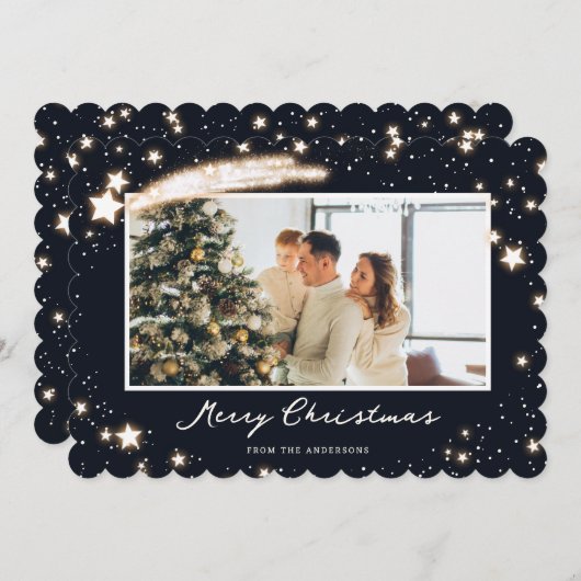 Elegant Blue Stars Sneeuwfoto Vrolijk Kerstfeest K Feestdagenkaart (Voorkant / Achterkant)