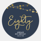 Elegant Blue Strings of Lights 80th Birthday Ronde Sticker (Voorkant)