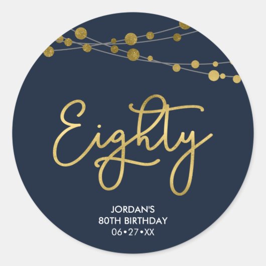Elegant Blue Strings of Lights 80th Birthday Ronde Sticker (Voorkant)