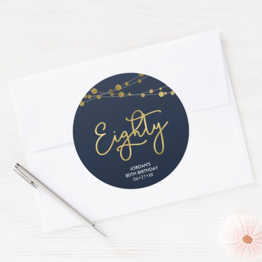 Elegant Blue Strings of Lights 80th Birthday Ronde Sticker (Envelop)