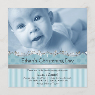 Elegant Blue Stripe Boys Foto Christening Kaart