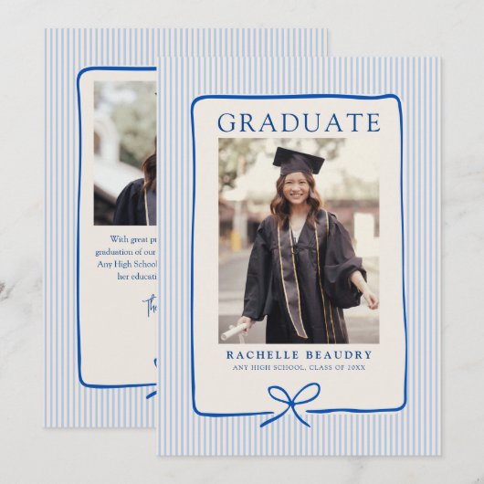 Elegant Blue Stripes Bow Frame Graduation Photo  Aankondiging (Voorkant / Achterkant)