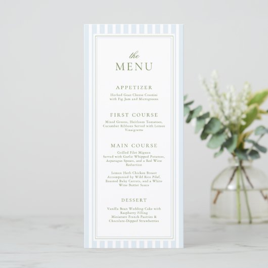 Elegant Blue Stripes Bridal Shower Menu (Staand voorkant)