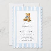 Elegant Blue Stripes Teddy Bear Baby Shower  Kaart (Voorkant)