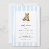 Elegant Blue Stripes Teddy Bear Baby Shower  Kaart (Voorkant)