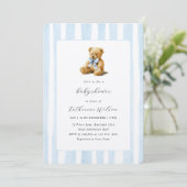 Elegant Blue Stripes Teddy Bear Baby Shower  Kaart (Staand voorkant)