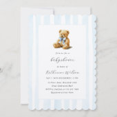 Elegant Blue Stripes Teddy Bear Baby Shower  Kaart (Voorkant)