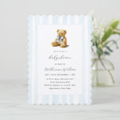Elegant Blue Stripes Teddy Bear Baby Shower  Kaart (Staand voorkant)