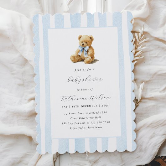 Elegant Blue Stripes Teddy Bear Baby Shower  Kaart