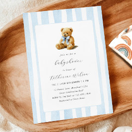 Elegant Blue Stripes Teddy Bear Baby Shower  Kaart