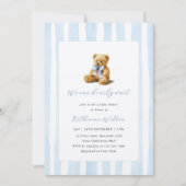 Elegant Blue Stripes Teddy Bear Baby Shower  Kaart (Voorkant)