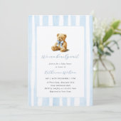 Elegant Blue Stripes Teddy Bear Baby Shower  Kaart (Staand voorkant)