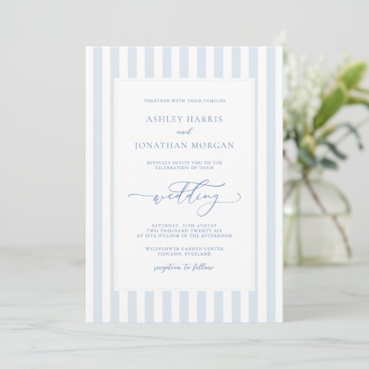 Elegant Blue Stripes Wedding Invitation Kaart (Staand voorkant)