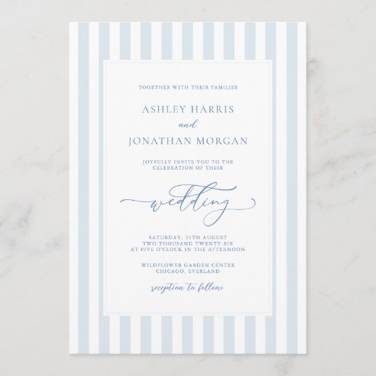 Elegant Blue Stripes Wedding Invitation Kaart (Voorkant)