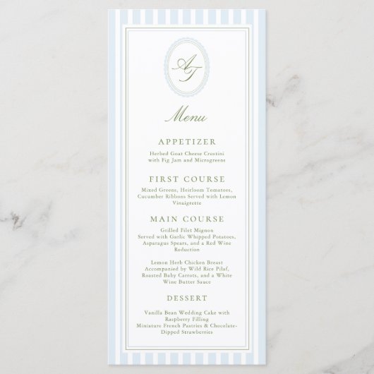 Elegant Blue Stripes Wedding Menu (Voorkant)