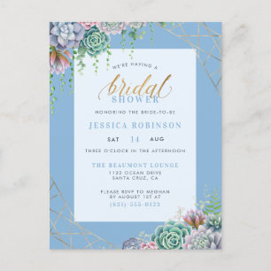 Elegant Blue Succulents & Gold Lijst Vrijgezellenf Uitnodiging Briefkaart