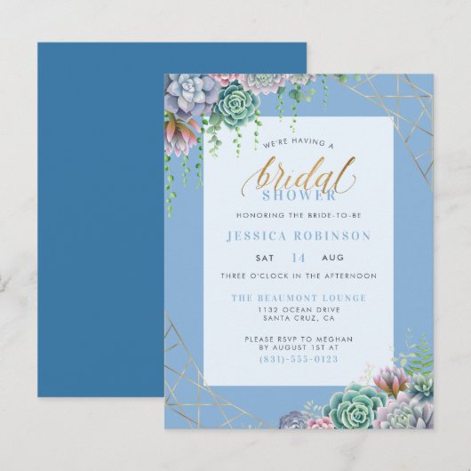 Elegant Blue Succulents & Gold Lijst Vrijgezellenf Uitnodiging Briefkaart (Voorkant / Achterkant)