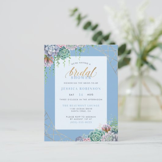 Elegant Blue Succulents & Gold Lijst Vrijgezellenf Uitnodiging Briefkaart (Staand voorkant)