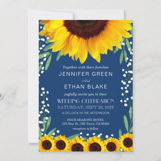 Elegant Blue Sunflower Wedding Invitting Kaart (Voorkant)