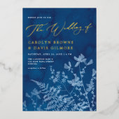 Elegant Blue Sunprint Boho Botanical Wedbruin Gold Folie Uitnodiging (Voorkant)