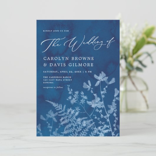 Elegant Blue Sunprint Boho Botanical Wedding Kaart (Staand voorkant)