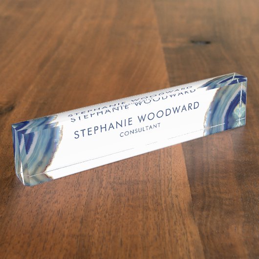 Elegant Blue Tan Agate Geode Naambordje (Zijkant)